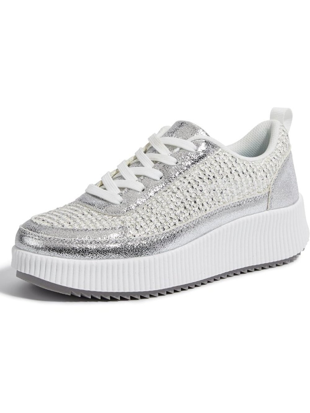 Women's Silver Knit Woven Platform Lace Up Anti Slip Durable Chunky Sneakers